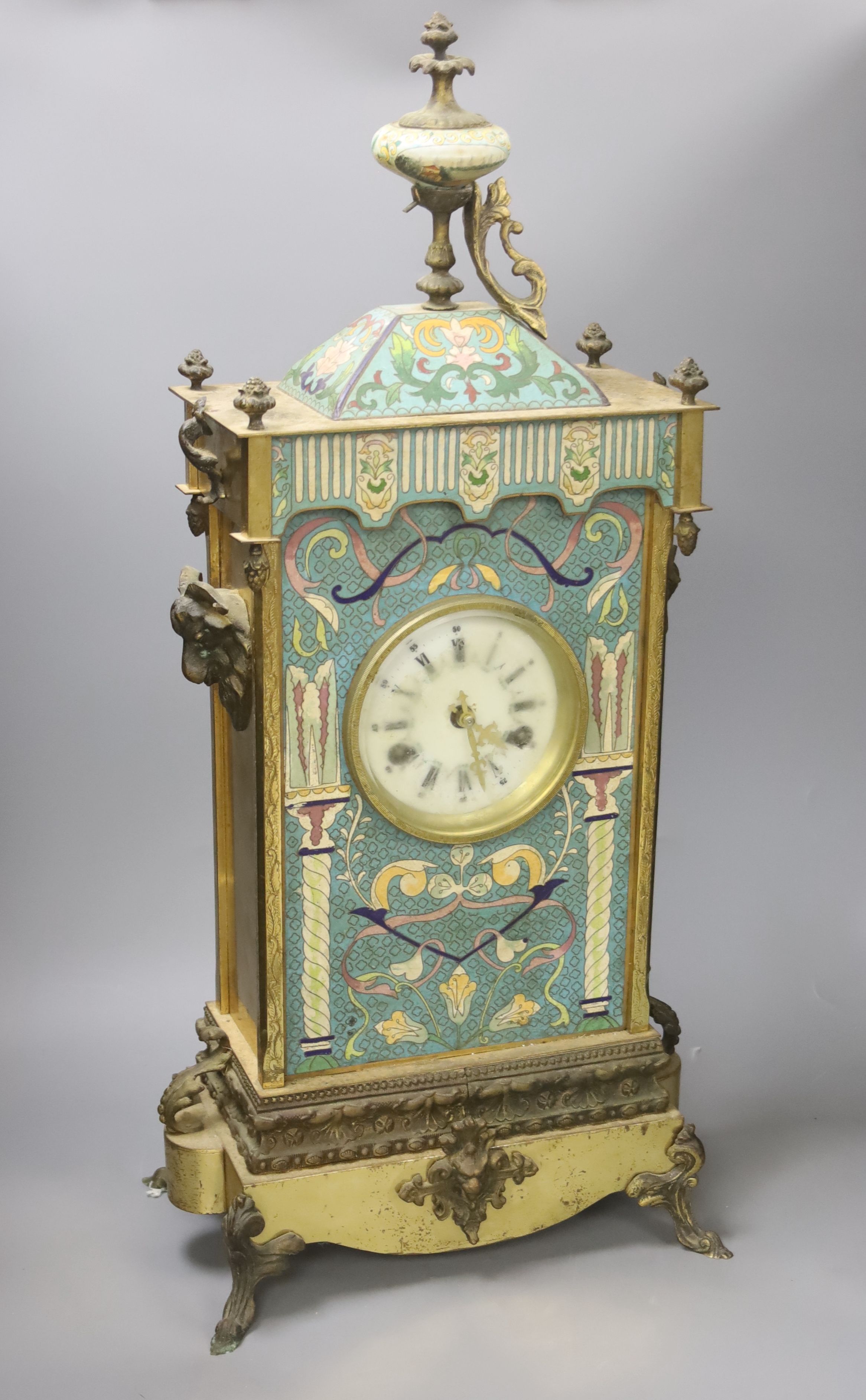 A brass and cloisonné enamel mantel clock, height 67cm